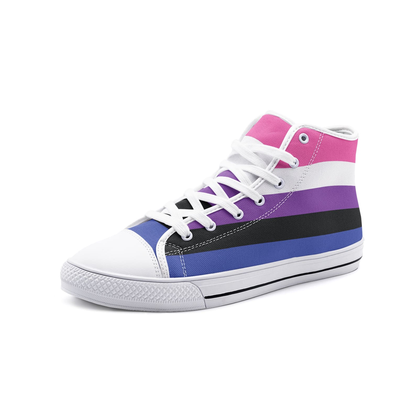 genderfluid shoes, gender fluid pride flag sneakers, white