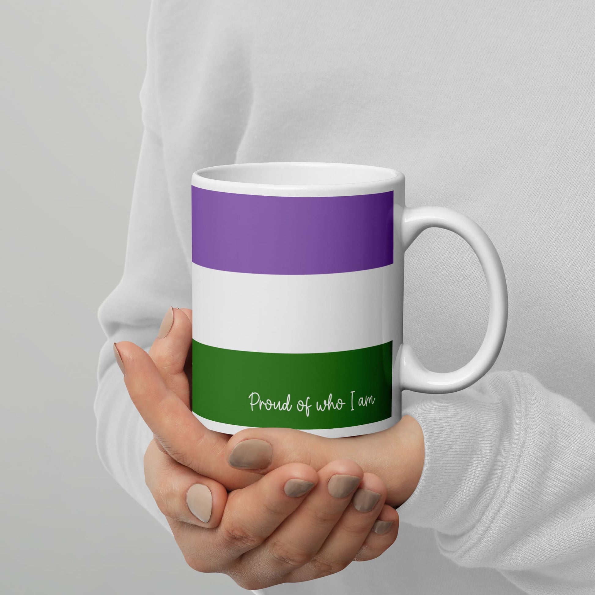 genderqueer coffee mug on hands