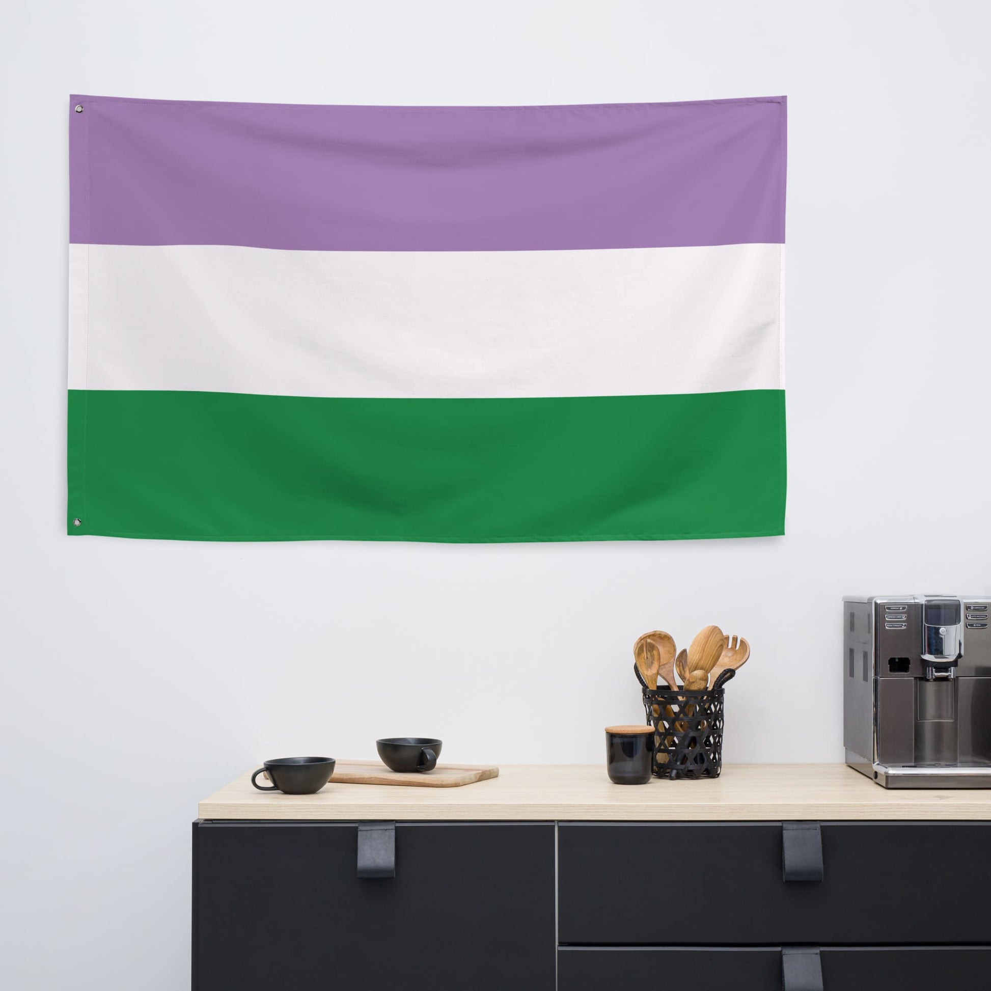 Genderqueer flag wall tapestry, in use