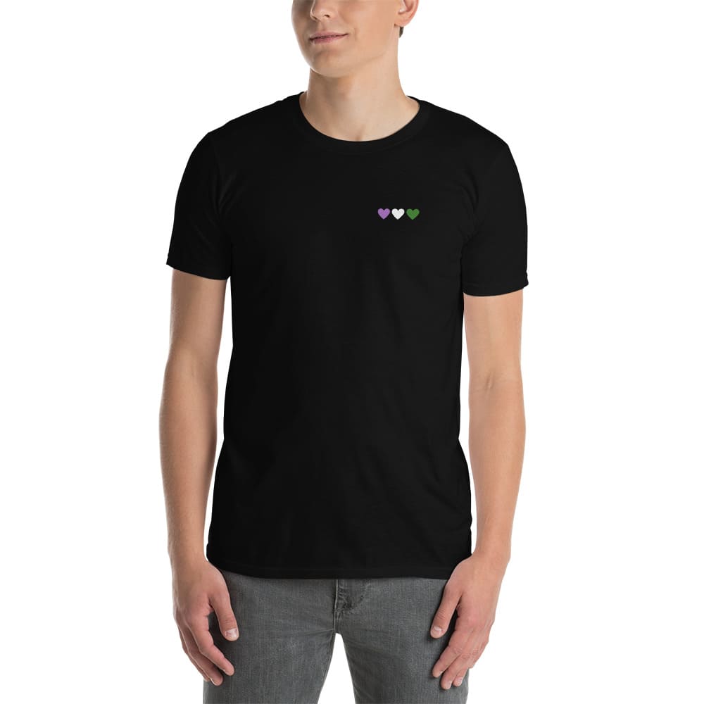 genderqueer shirt, subtle gender queer pride pocket design tee, model 2