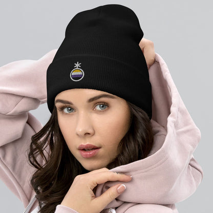 nonbinary genderqueer embroidered beanie, model