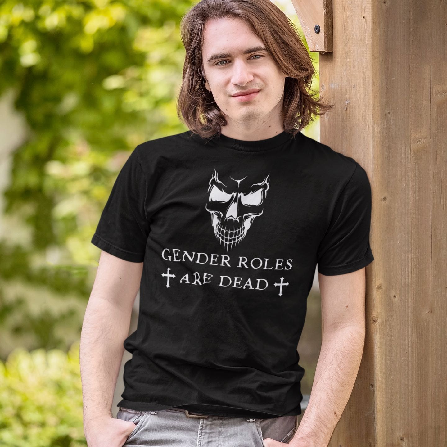 nonbinary shirt, gothic enby pride, in use