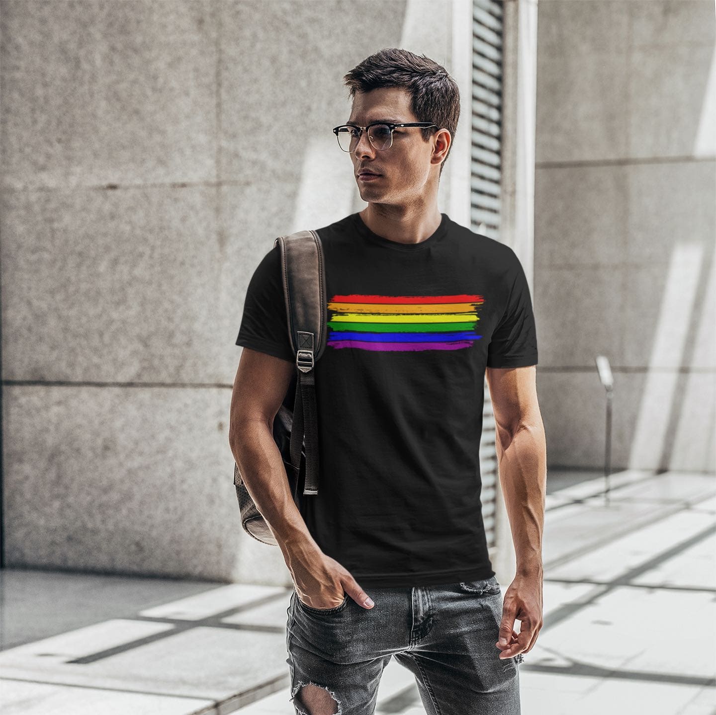 LGBT shirt, grunge rainbow flag tee, in use
