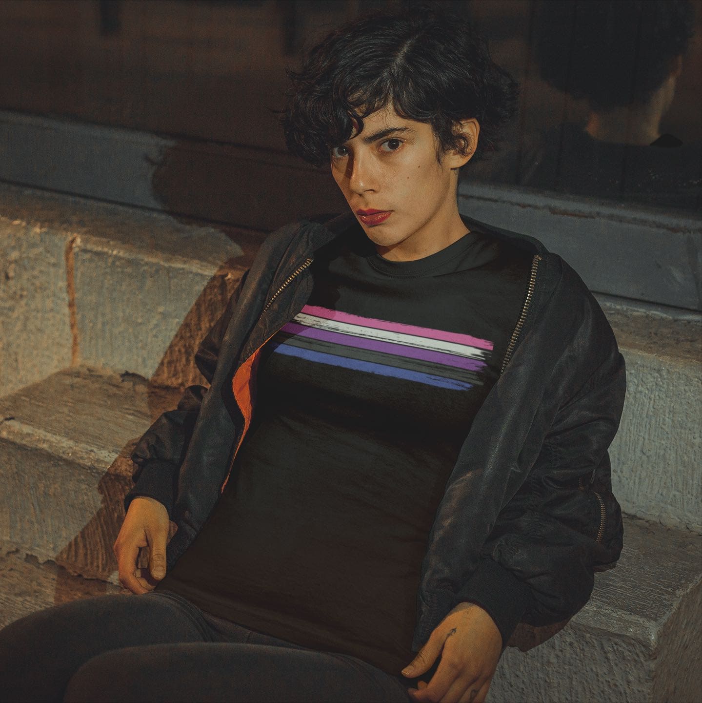 genderfluid shirt, grunge gender fluid flag tee, in use