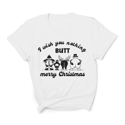 White t-shirt with naughty Christmas-themed graphic and text on a white background