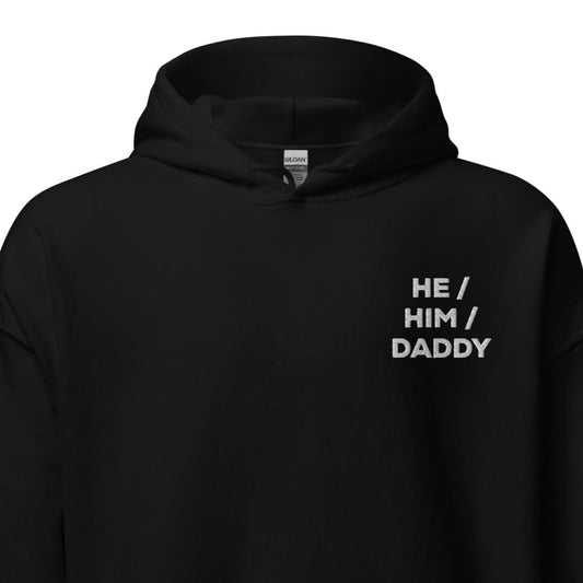 gay daddy hoodie, embroidered he him daddy mlm pronouns pocket design, black 