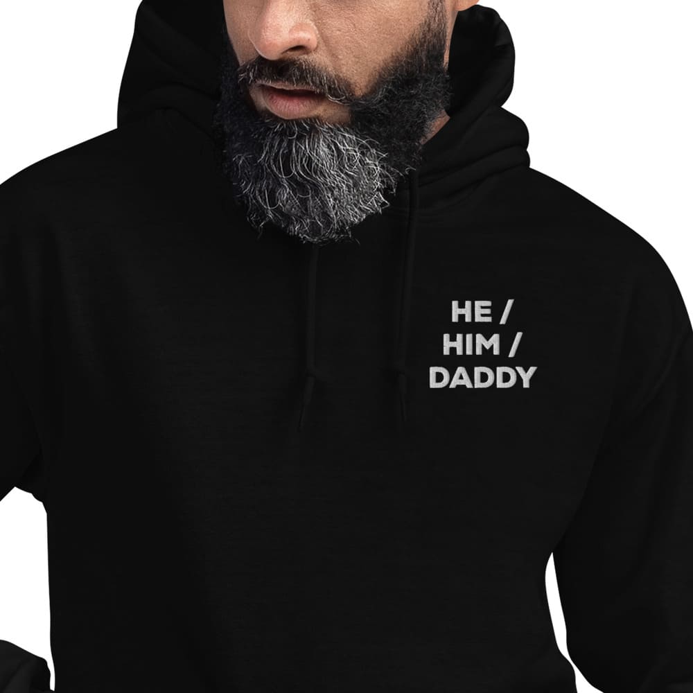 gay daddy hoodie, embroidered he him daddy mlm pronouns pocket design, worn by model