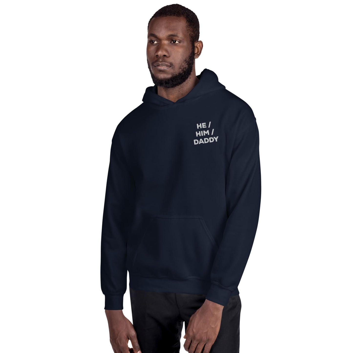 gay daddy hoodie, embroidered he him daddy mlm pronouns pocket design, navy worn by model