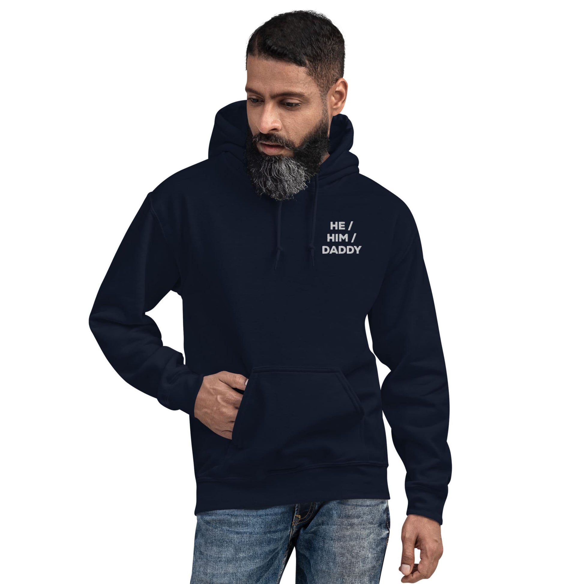 gay daddy hoodie, embroidered he him daddy mlm pronouns pocket design, navy worn by model