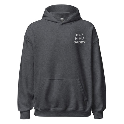 gay daddy hoodie, embroidered he him daddy mlm pronouns pocket design, grey