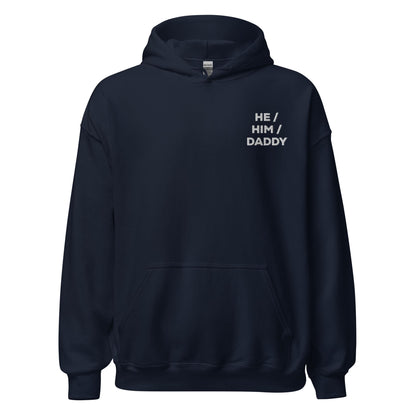 gay daddy hoodie, embroidered he him daddy mlm pronouns pocket design, navy
