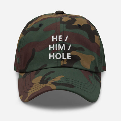 gay hat, embroidered mlm he him hole pronouns cap, army