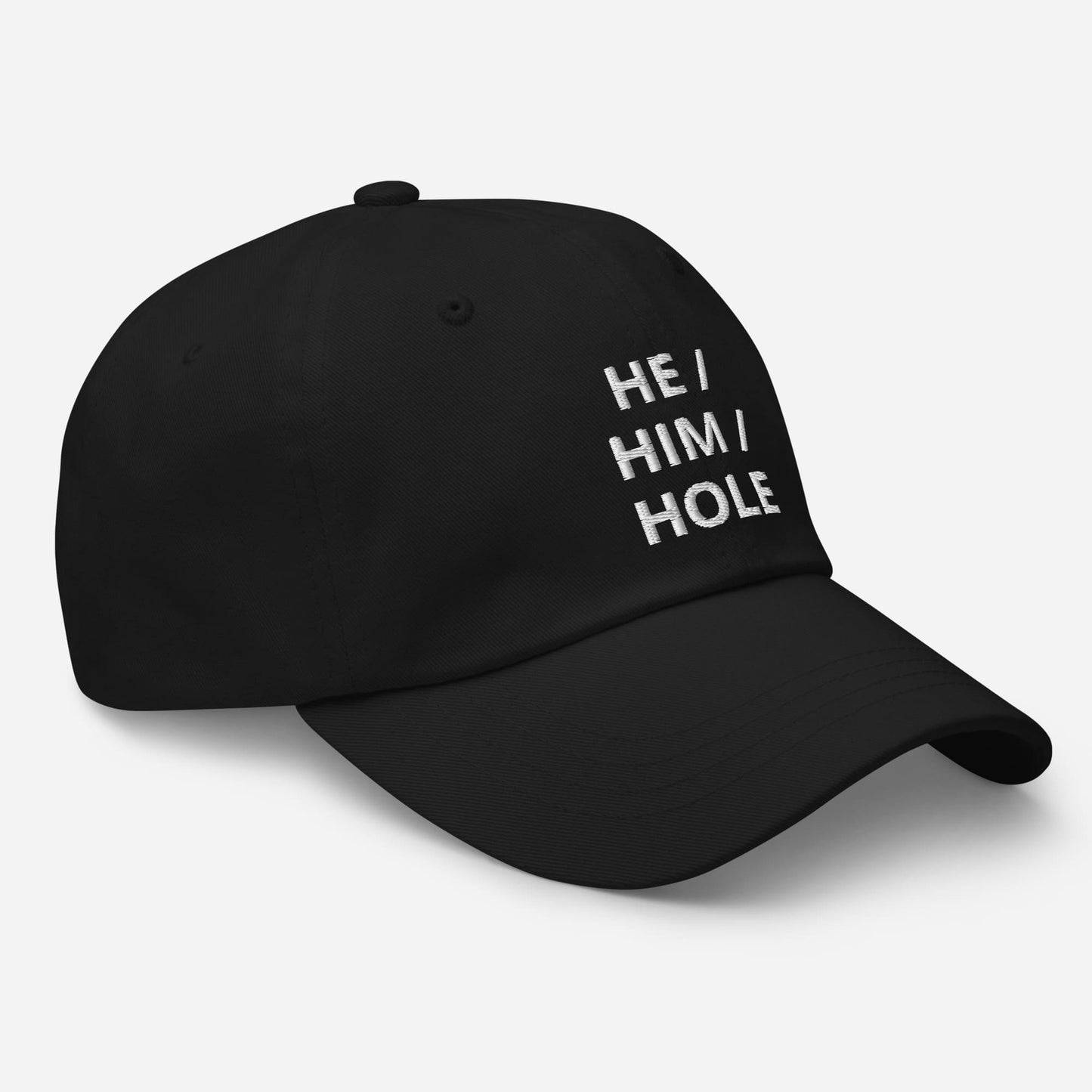 gay hat, embroidered mlm he him hole pronouns cap, black side