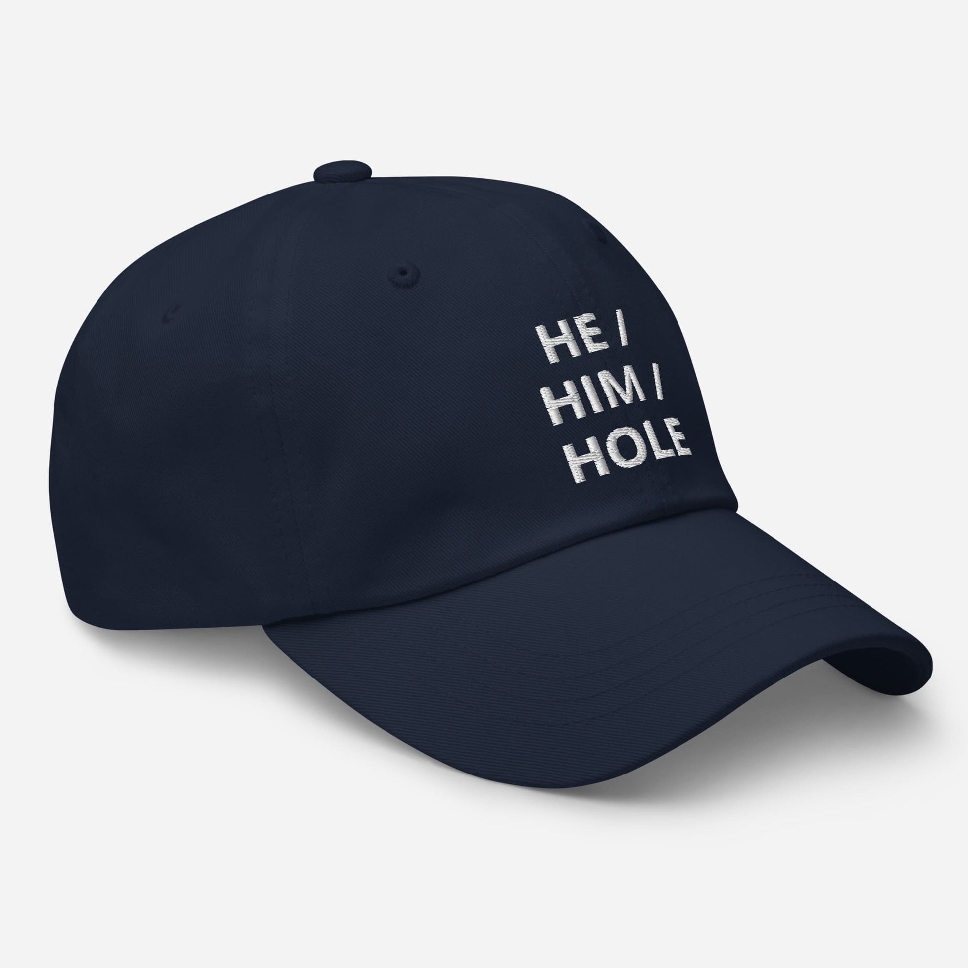 gay hat, embroidered mlm he him hole pronouns cap, navy side