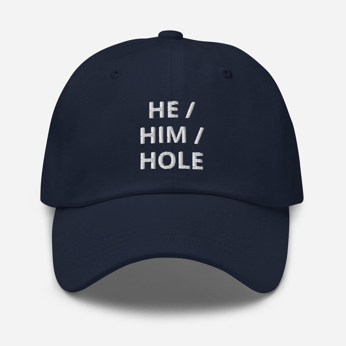 gay hat, embroidered mlm he him hole pronouns cap, navy