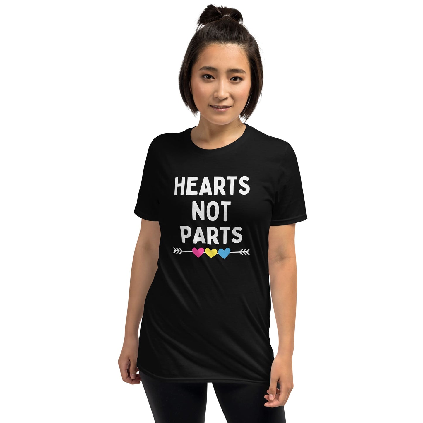 pansexual shirt, hearts not parts pan pride, female model