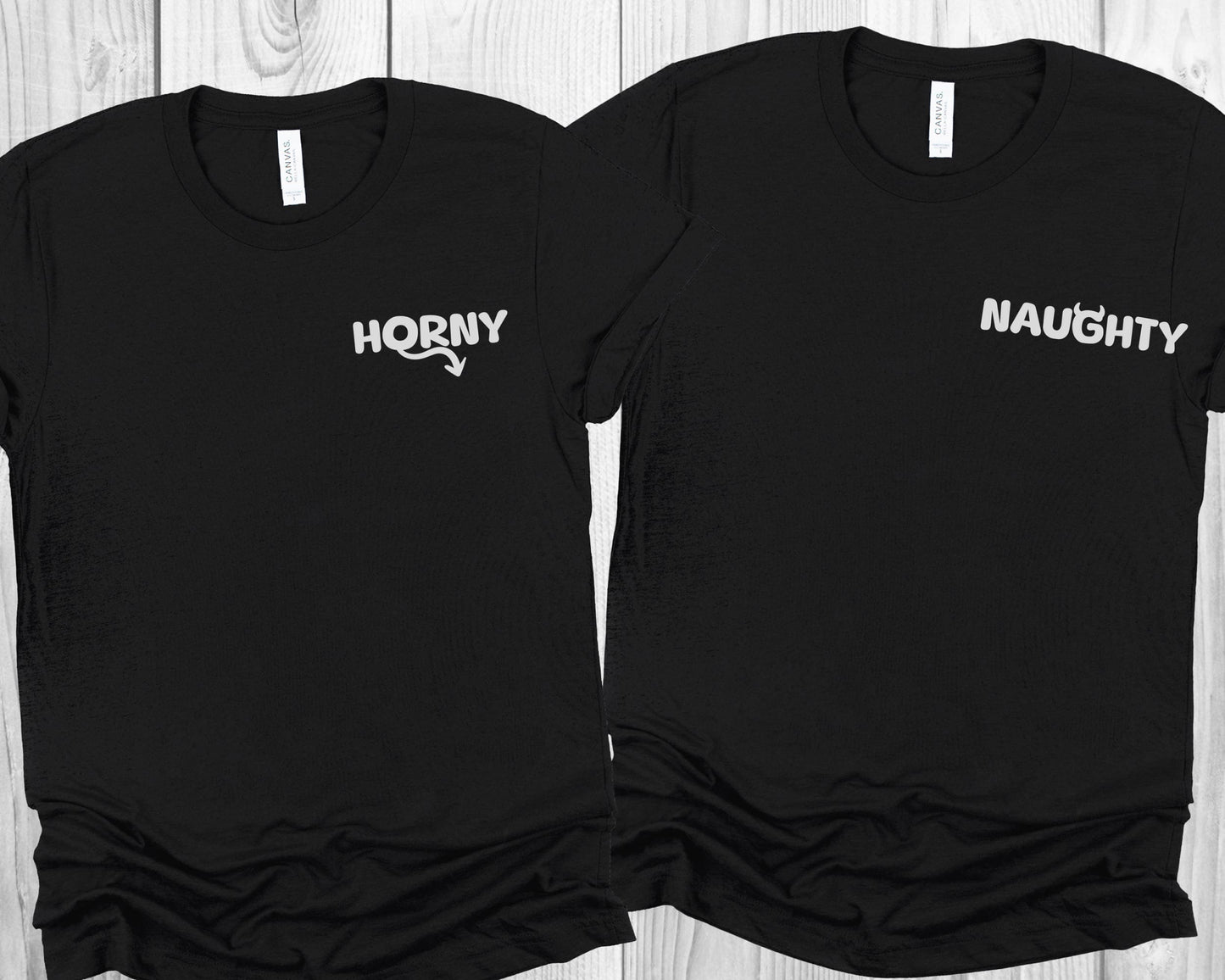 Two black t-shirts with 'HORNY' and 'NAUGHTY' text on a wooden surface: Funny Adult Humor Couple Matching Shirts, Inappropriate Gag Gift, Rude Unhinged Matching Tees, Offensive T-Shirts, Pocket Design Shirts