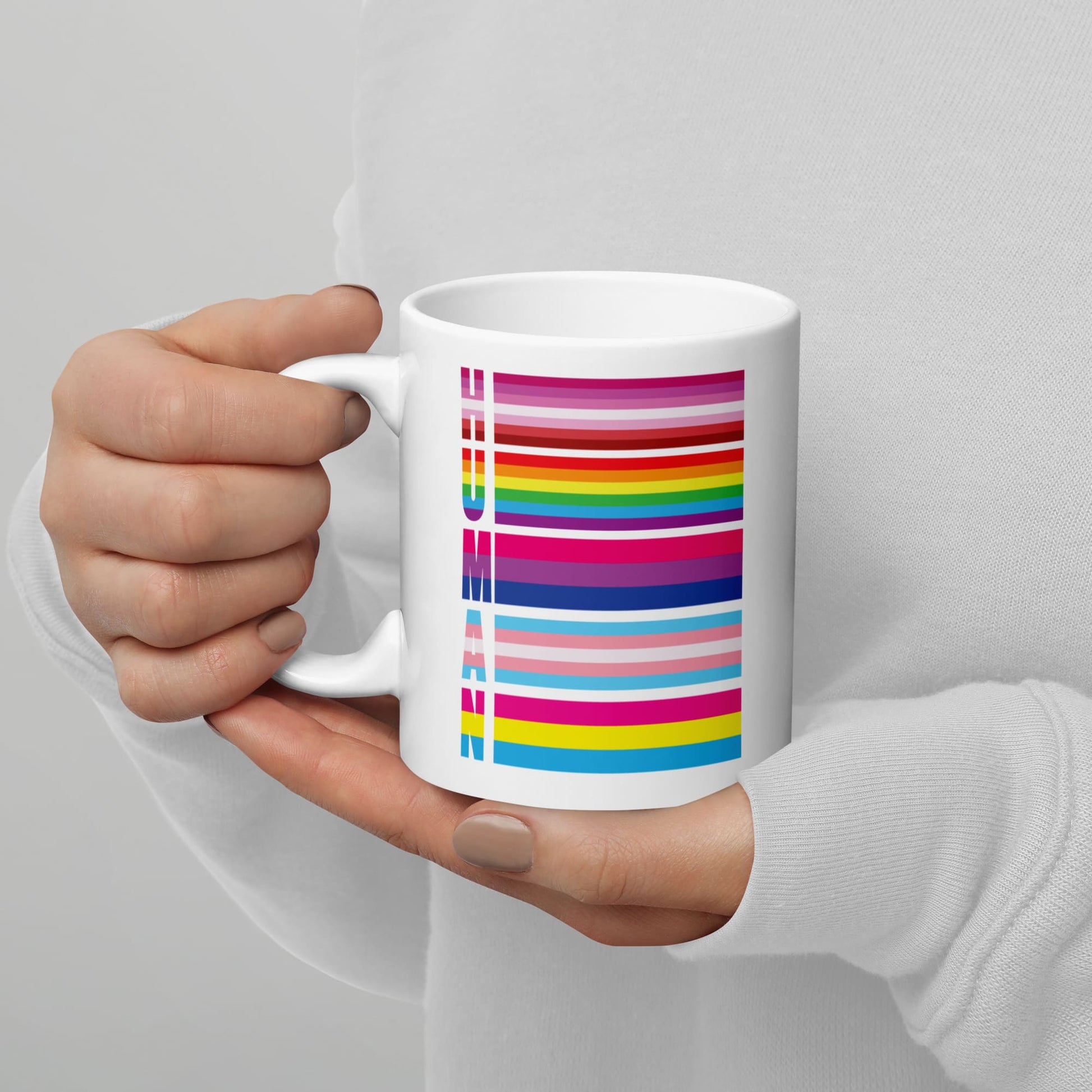 lesbian bisexual transgender pansexual mug, human LGBT pride coffee or tea cup, zoom
