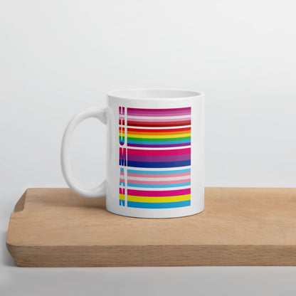 lesbian bisexual transgender pansexual mug, human LGBT pride coffee or tea cup on table