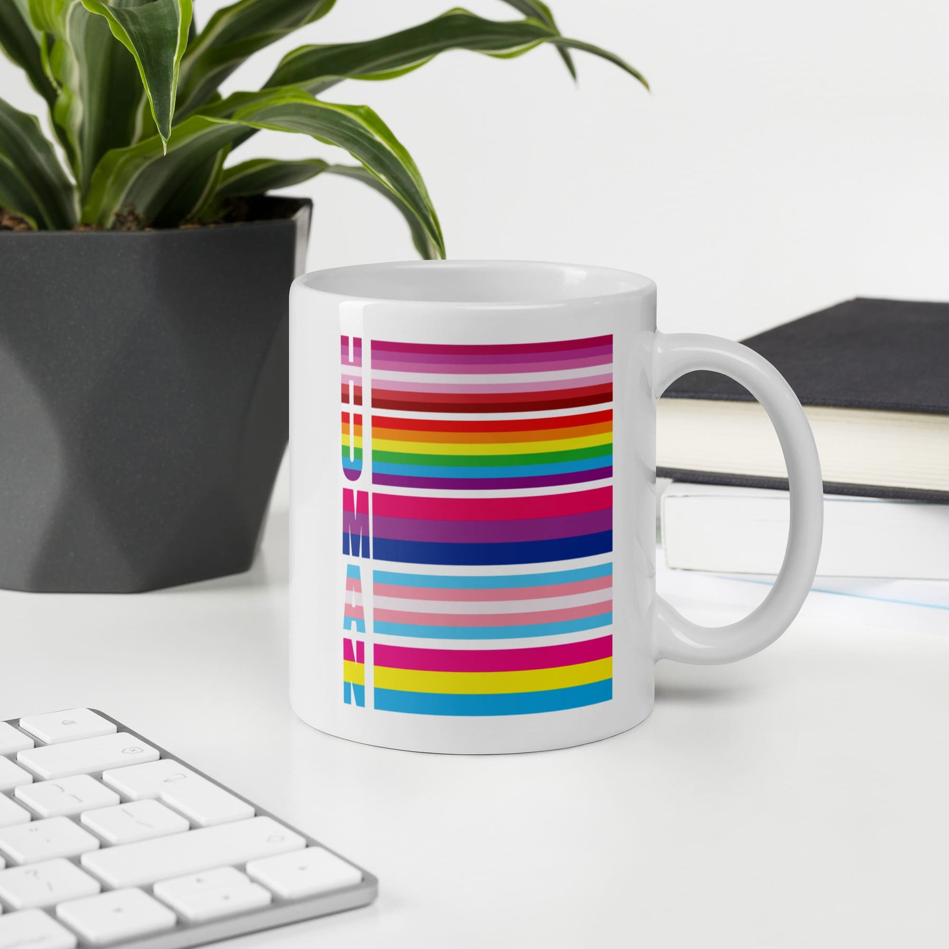 lesbian bisexual transgender pansexual mug, human LGBT pride coffee or tea cup on desk