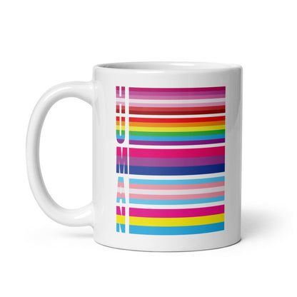 lesbian bisexual transgender pansexual mug, human LGBT pride coffee or tea cup left