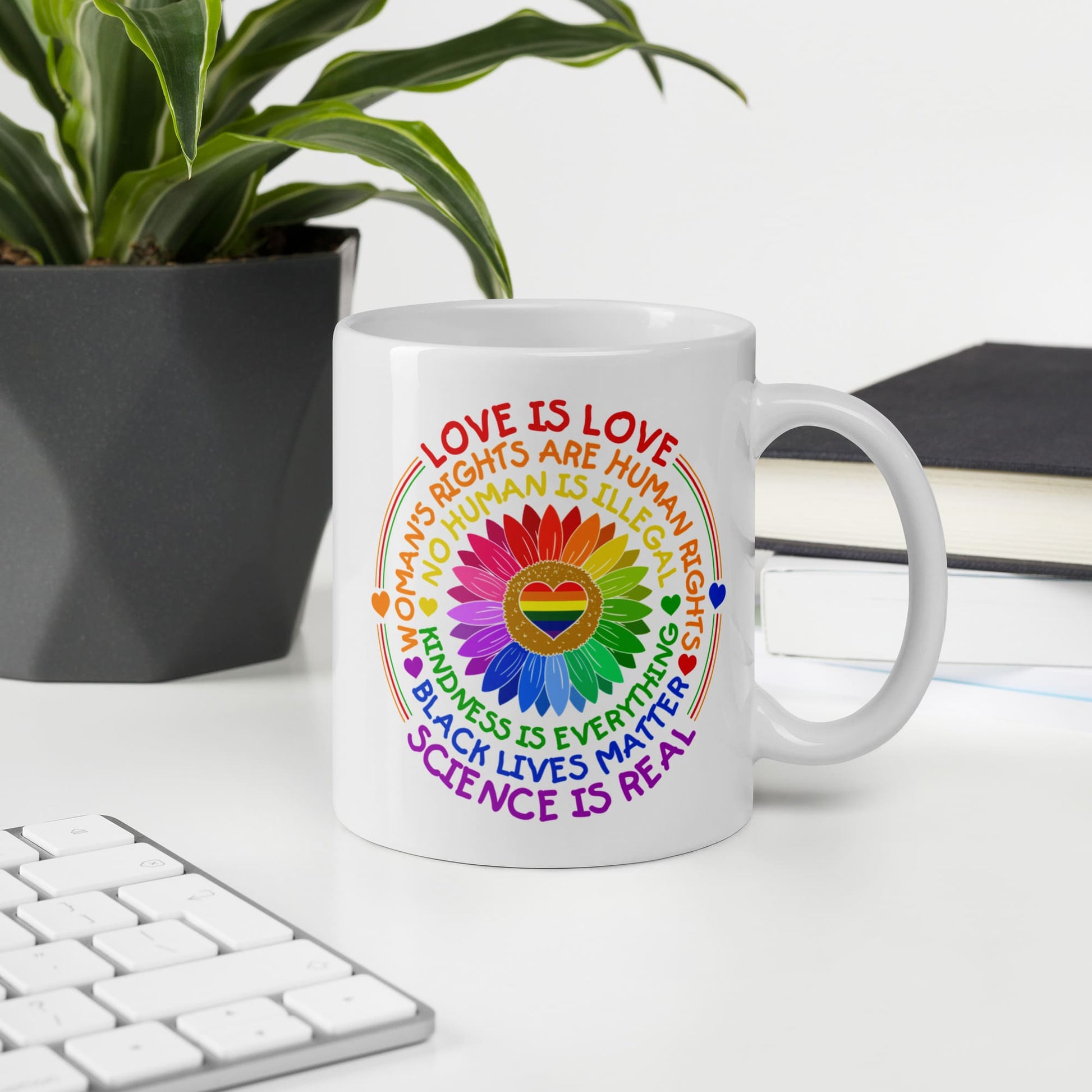 LGBTQ pride mug, human rights coffee or tea cup on desk