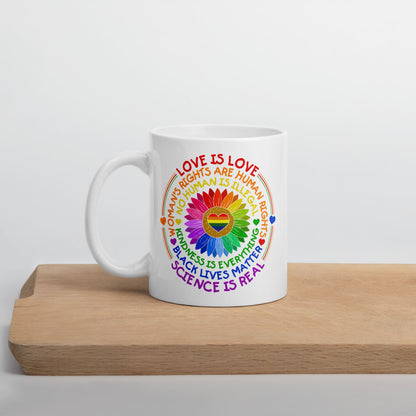 LGBTQ pride mug, human rights coffee or tea cup on table