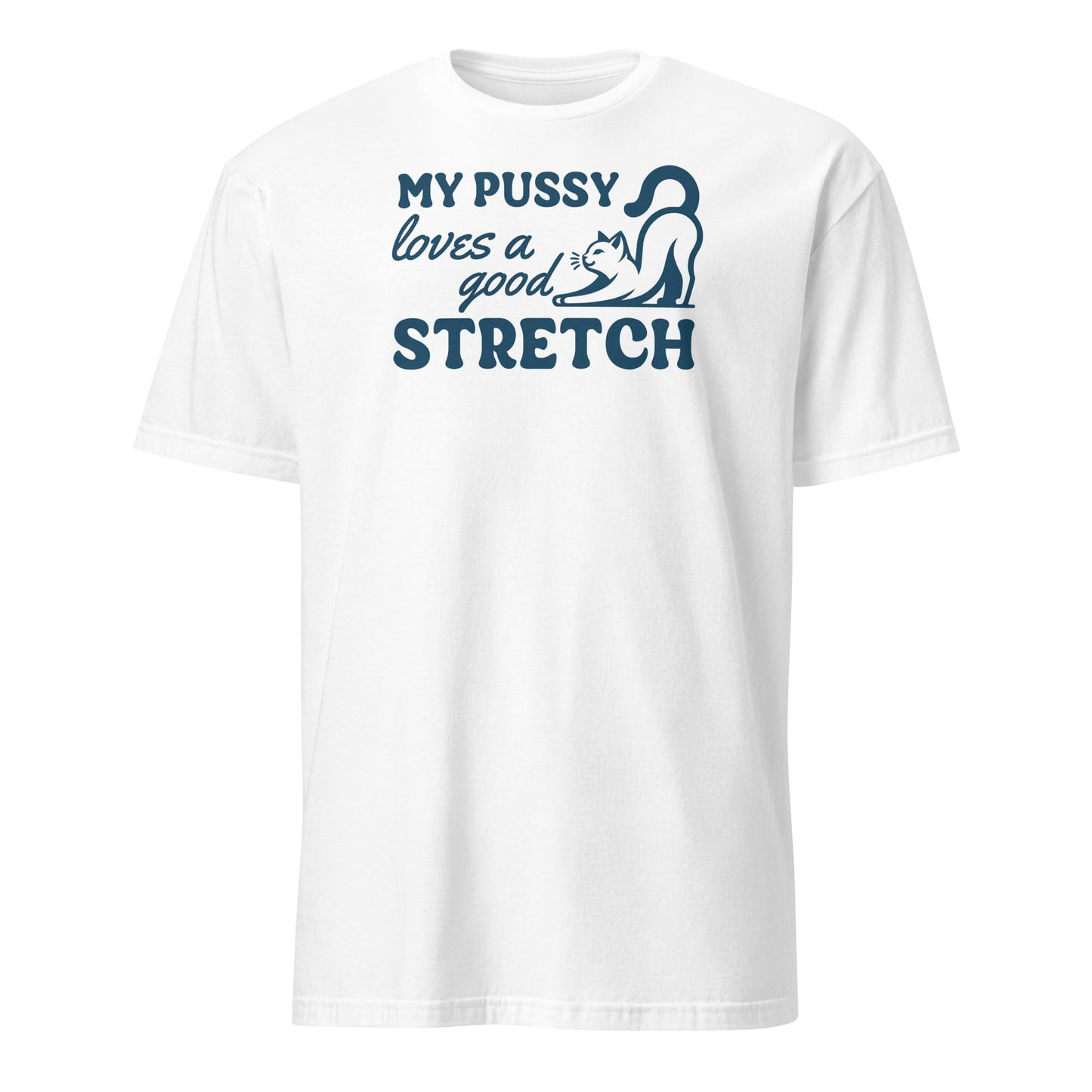 White t-shirt with blue graphic and text on a white background: Inappropriate Womens Shirt, Rude Unhinged Tee, Funny Gag Gift, Offensive Meme T-Shirt, Adult Humor Shirt, My Pussy Loves A Good Stretch