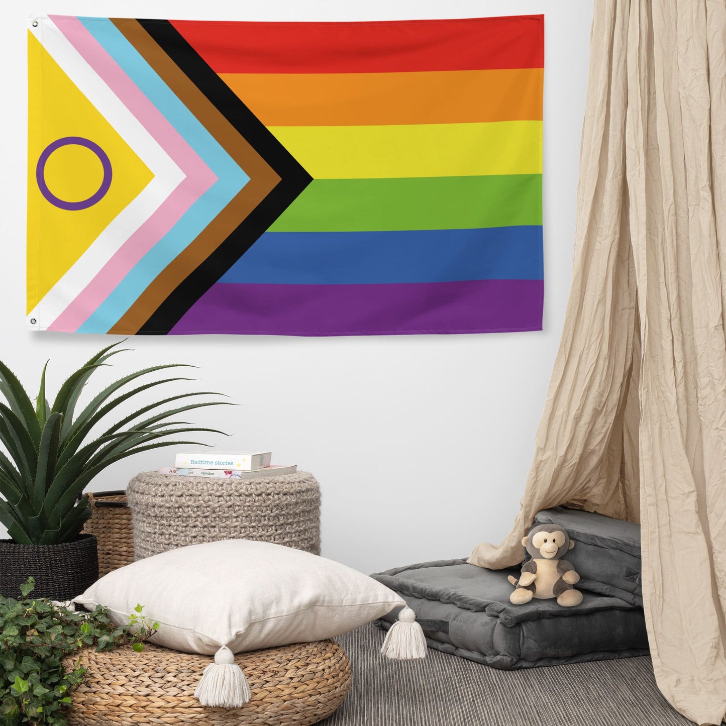 LGBTQIA Inclusive pride flag wall tapestry, in use