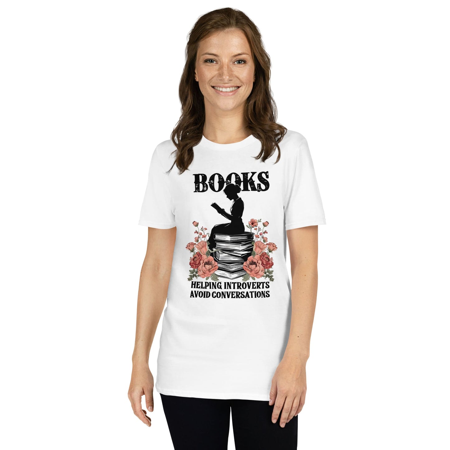 Woman wearing a bookish white t-shirt for introverts