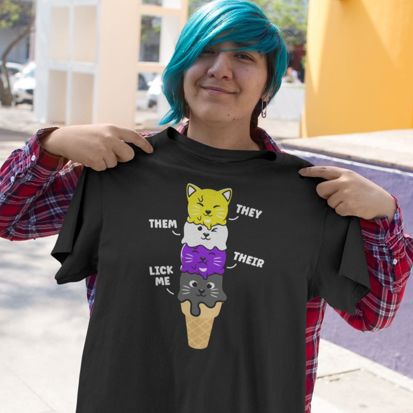 nonbinary shirt, they them pronouns funny cute kawaii cats, in use