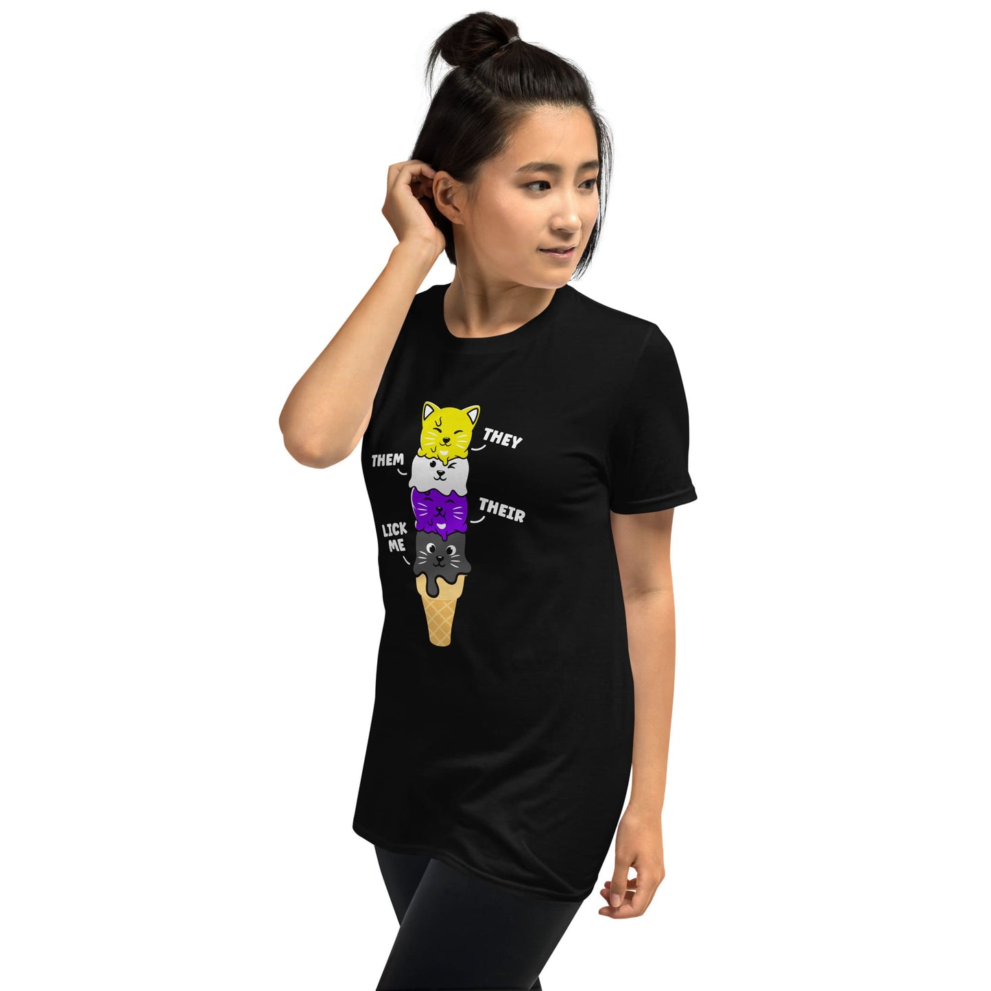 nonbinary shirt, they them pronouns funny cute kawaii cats, asian model