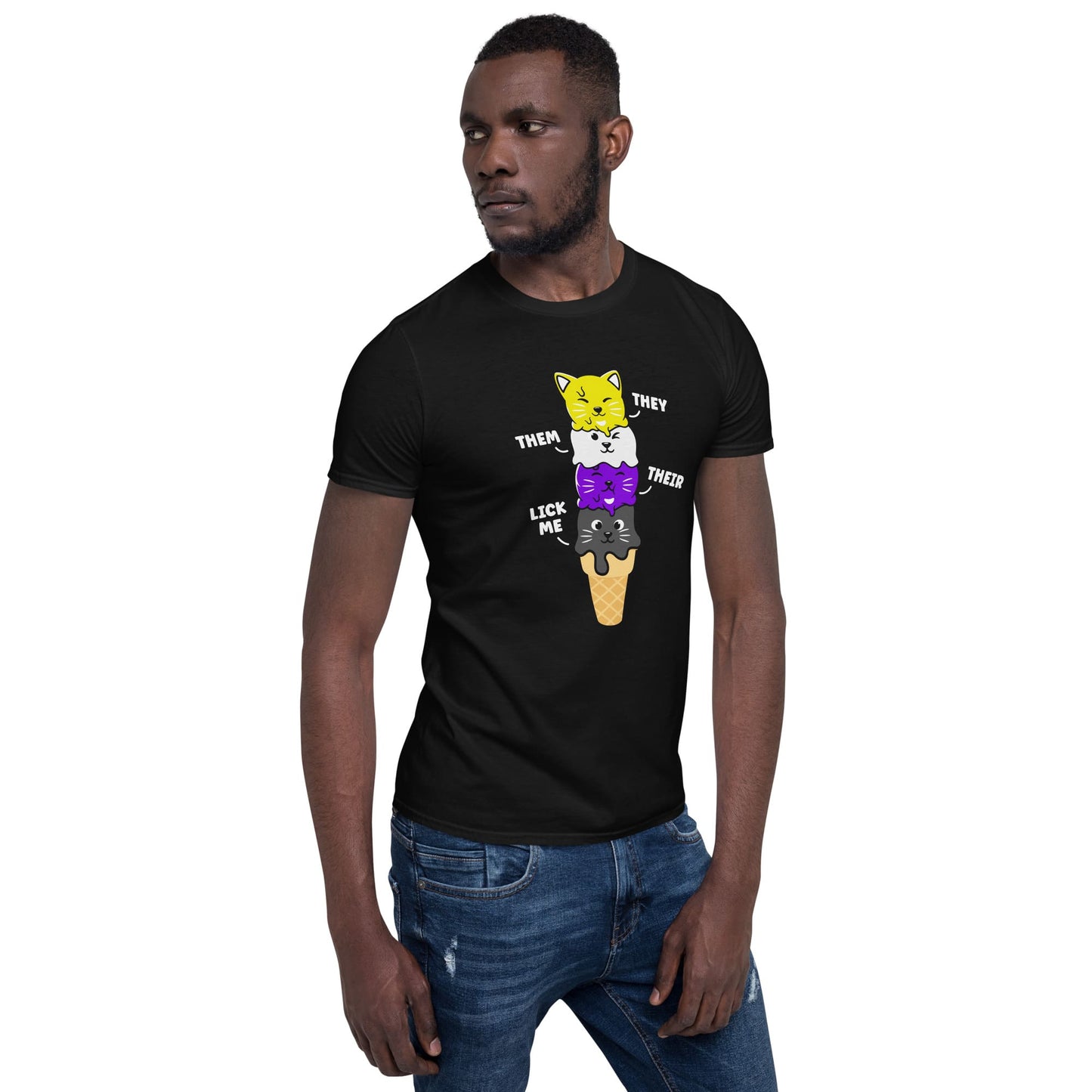 nonbinary shirt, they them pronouns funny cute kawaii cats, black model