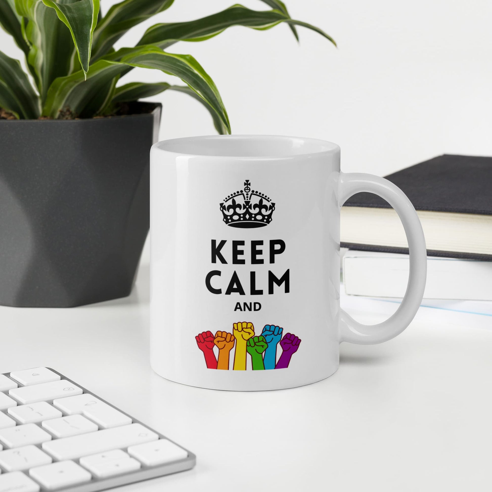 pride mug, fight LGBTQ rights coffee or tea cup on desk