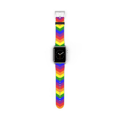 LGBT apple watch band, rainbow chevron pattern, silver