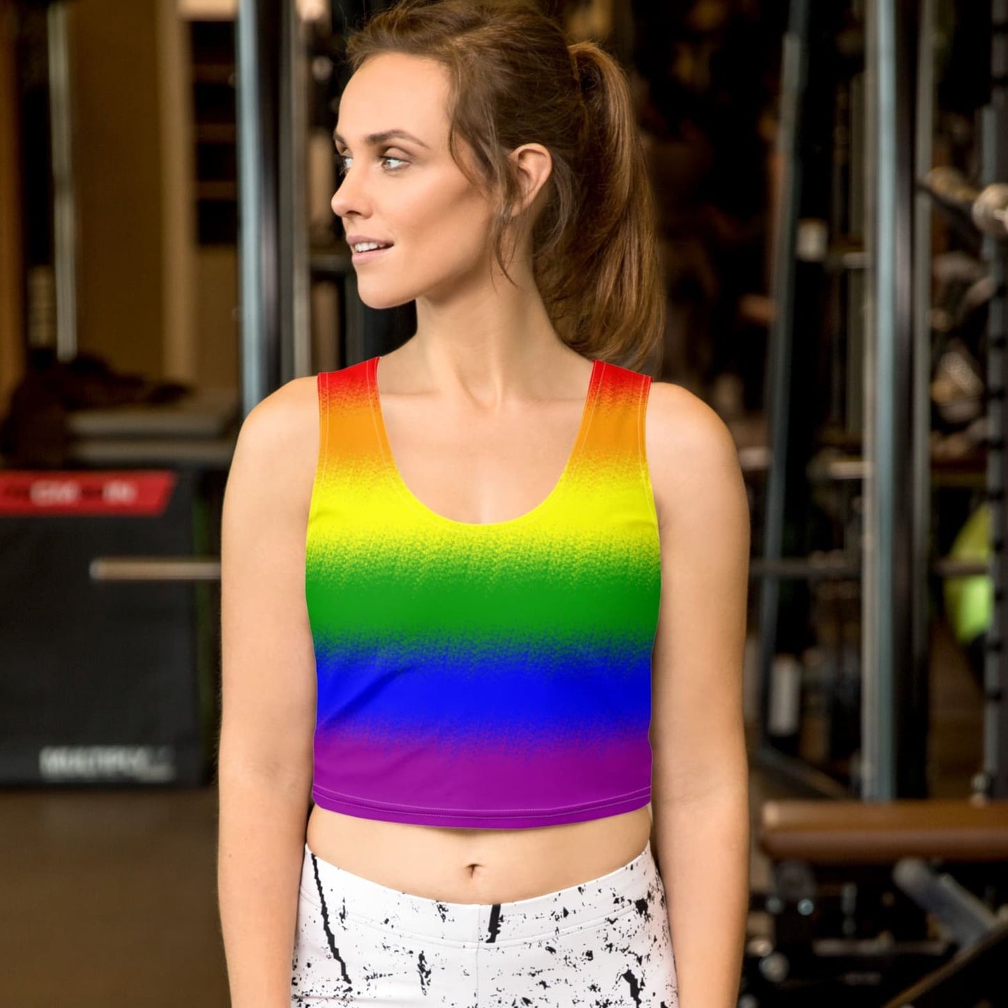 LGBTQ crop top, rainbow pride tank, model 1 front