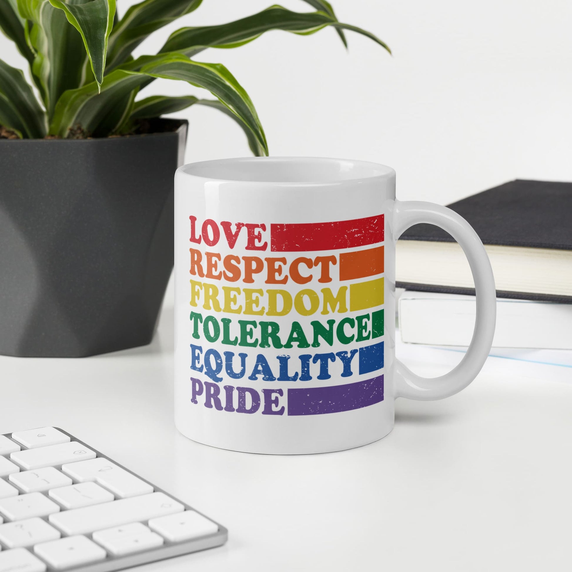 pride mug, LGBTQ visibility coffee or tea cup on desk