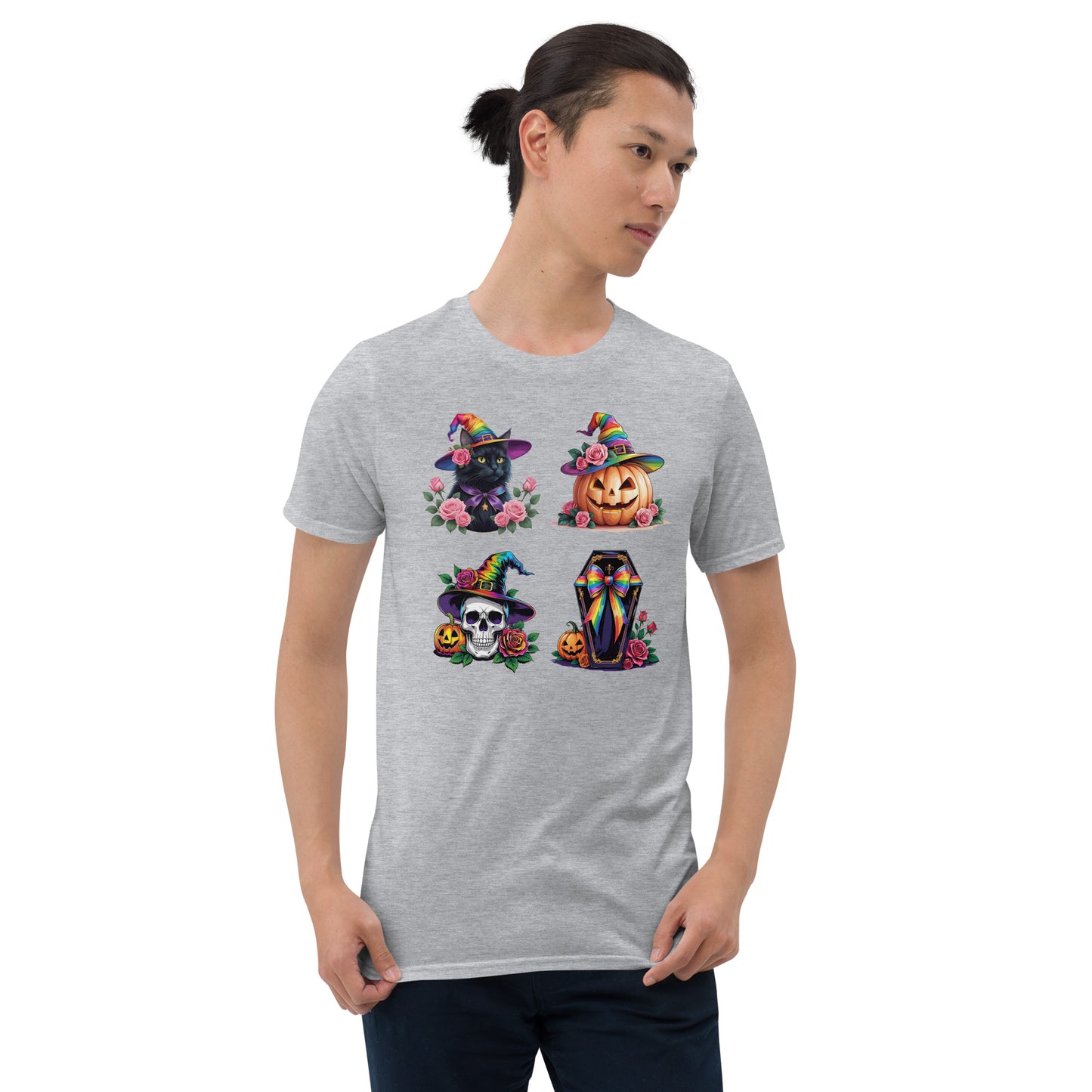 Person wearing a gray t-shirt with Halloween-themed designs on a white background