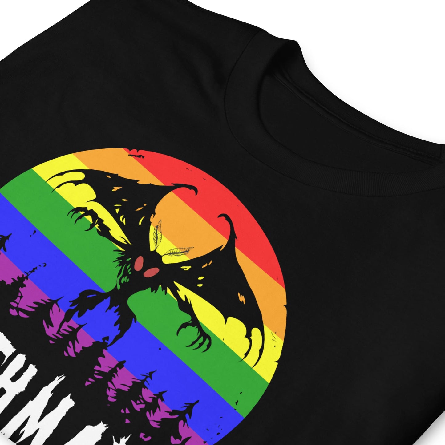 Black t-shirt with a colorful dragon design on a rainbow circle background: LGBTQ Mothman Shirt, Rainbow Pride Cryptid Folklore T-Shirt, Queer Mythology Legend Cryptozoology Tee, Cryptidcore Weirdcore Gift For LGBT