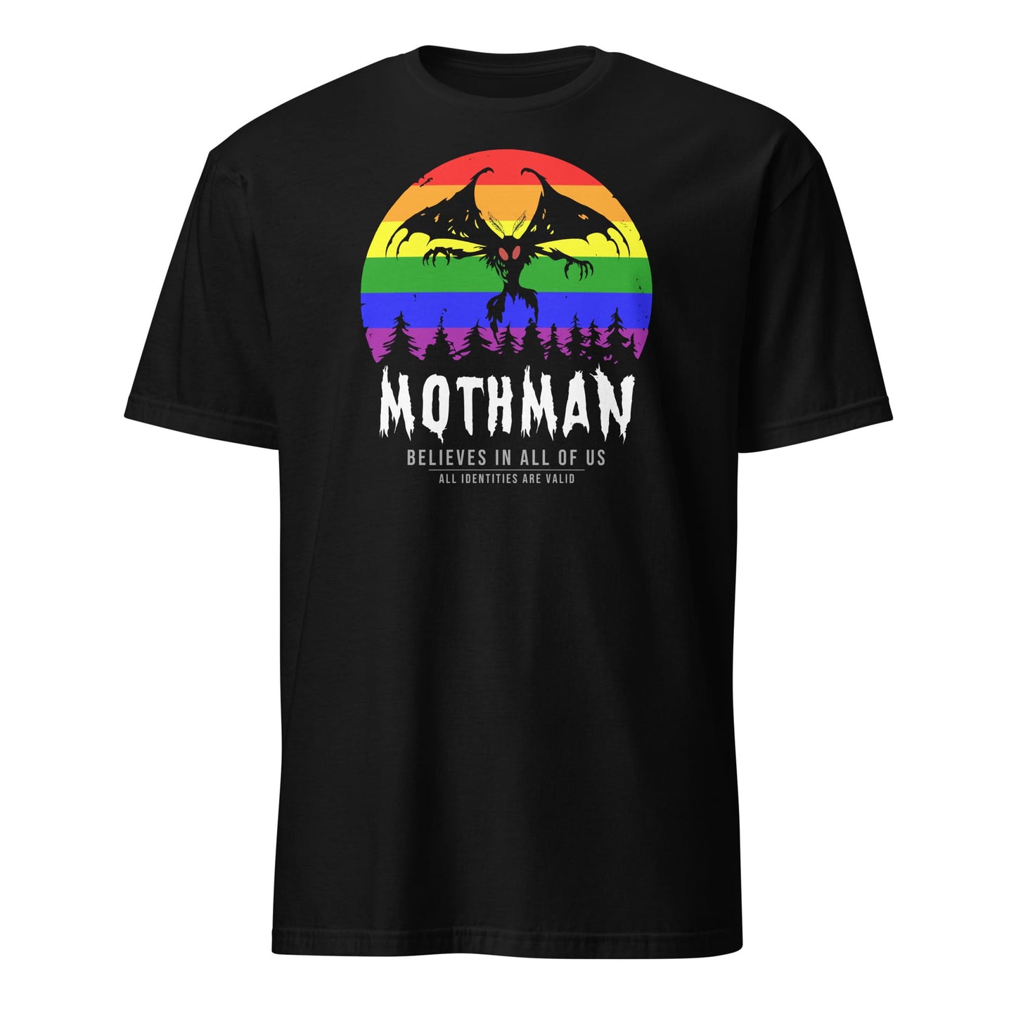 Black t-shirt with Mothman graphic and rainbow design on a white background: LGBTQ Mothman Shirt, Rainbow Pride Cryptid Folklore T-Shirt, Queer Mythology Legend Cryptozoology Tee, Cryptidcore Weirdcore Gift For LGBT