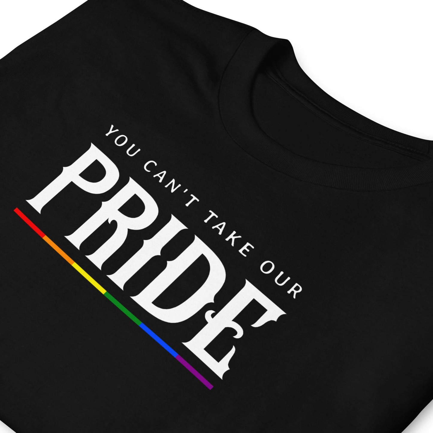 Black t-shirt with 'You can't take our pride' text and rainbow stripe: LGBTQ Pride Shirt, Gay Rights Tee, Queer Resistance, Anti-Trump Activism, Political Protest Apparel, Equality Ally Gift, Human Rights Top