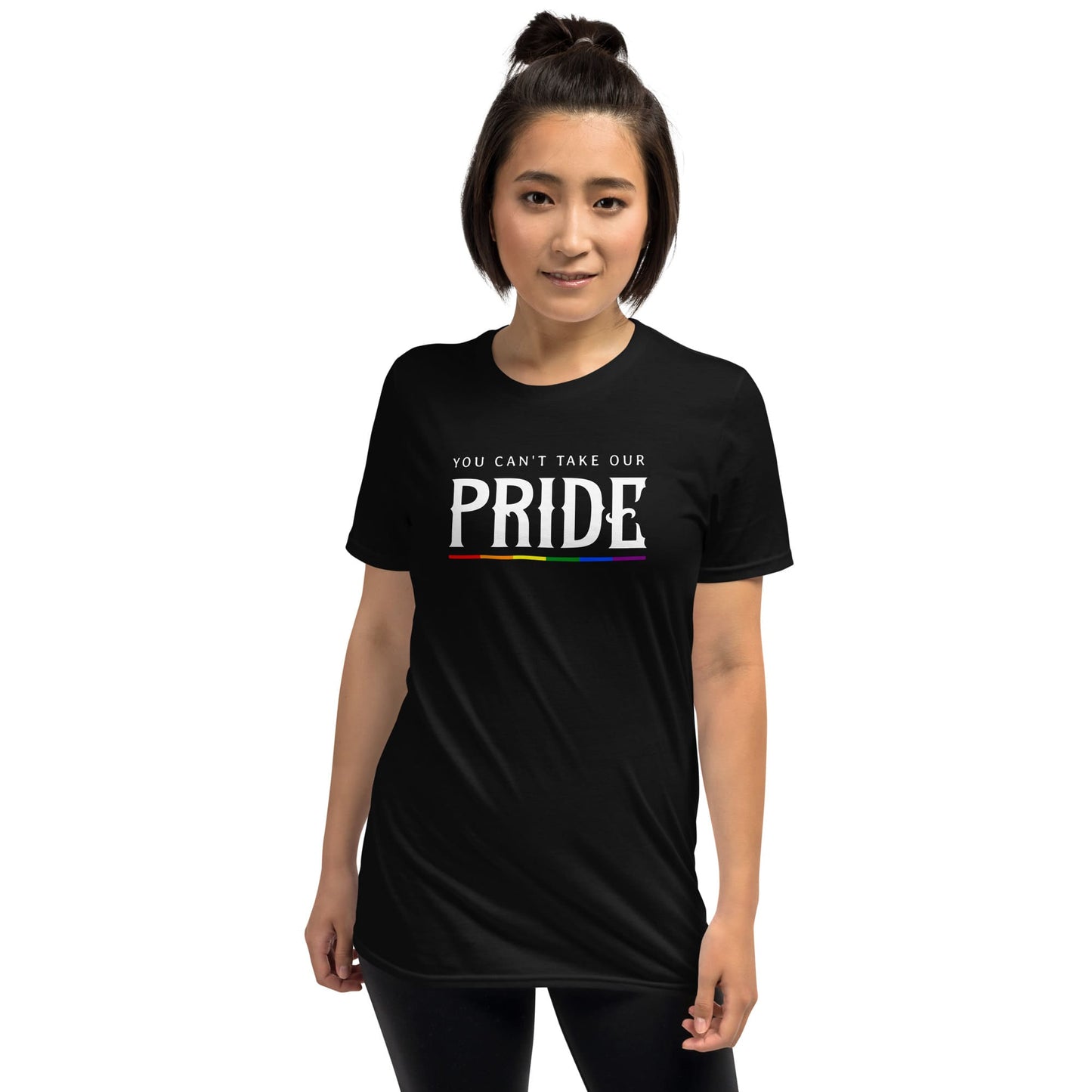 Person wearing a black t-shirt with 'You Can't Take Our Pride' text and rainbow design: LGBTQ Pride Shirt, Gay Rights Tee, Queer Resistance, Anti-Trump Activism, Political Protest Apparel, Equality Ally Gift, Human Rights Top