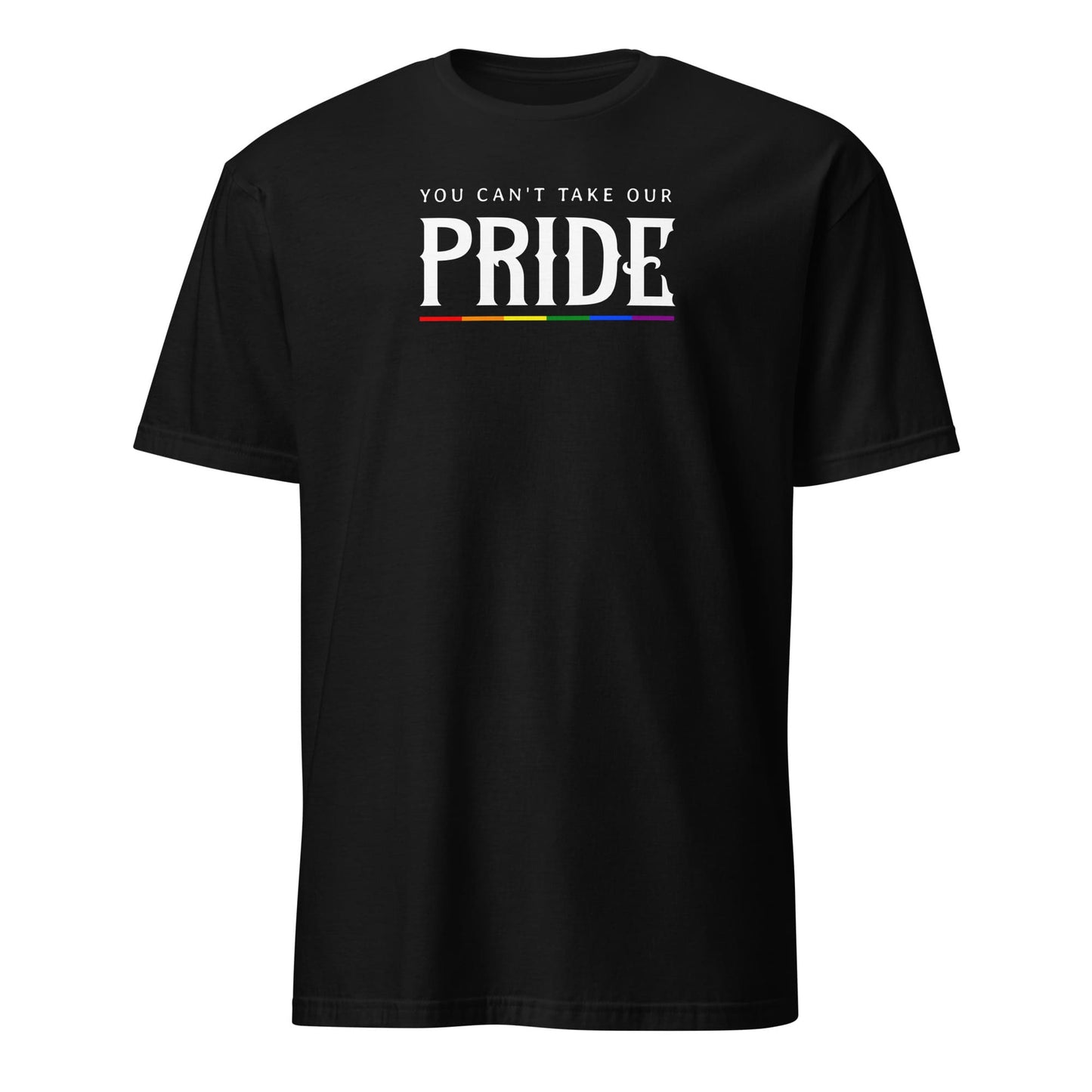 Black t-shirt with 'You can't take our pride' text and rainbow flag design on a white background: LGBTQ Pride Shirt, Gay Rights Tee, Queer Resistance, Anti-Trump Activism, Political Protest Apparel, Equality Ally Gift, Human Rights Top