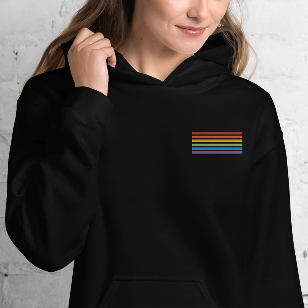 LGBT hoodie, subtle LGBTQ pride flag embroidered pocket design hooded sweatshirt, model 2