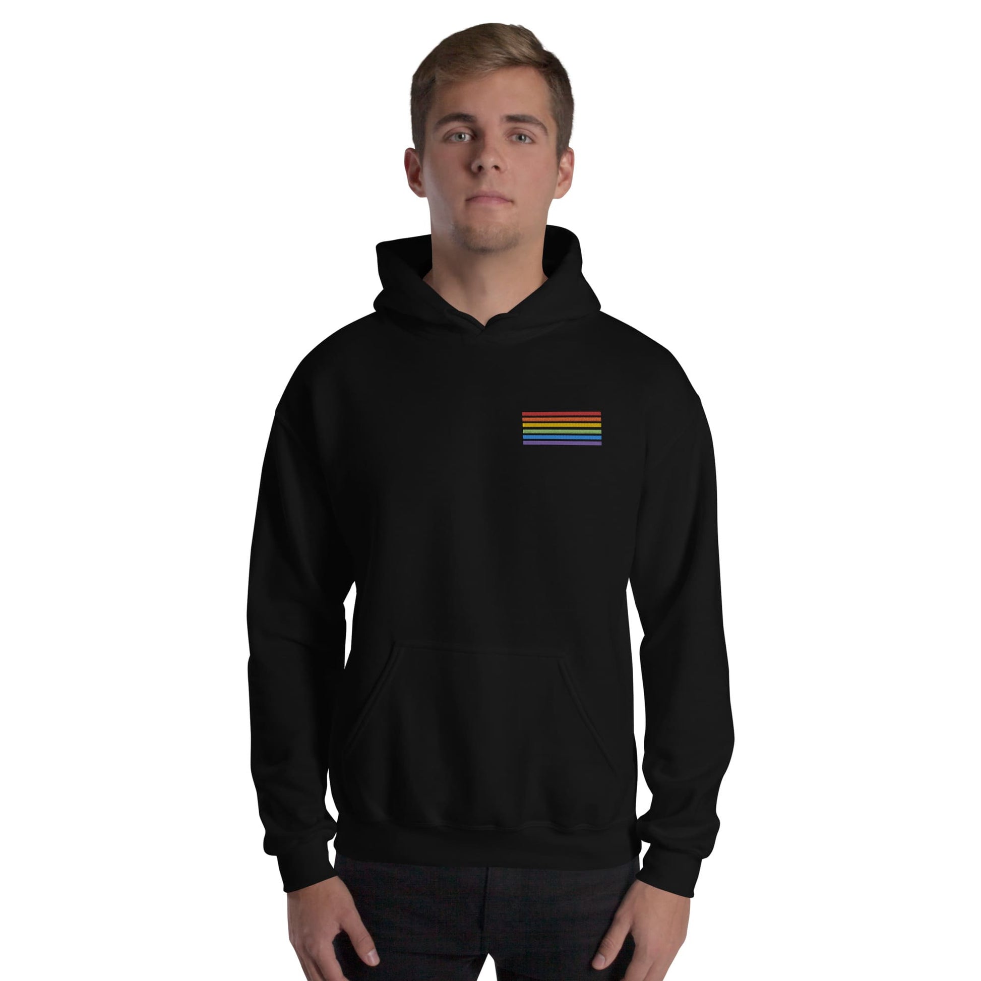 LGBT hoodie, subtle LGBTQ pride flag embroidered pocket design hooded sweatshirt, model 1