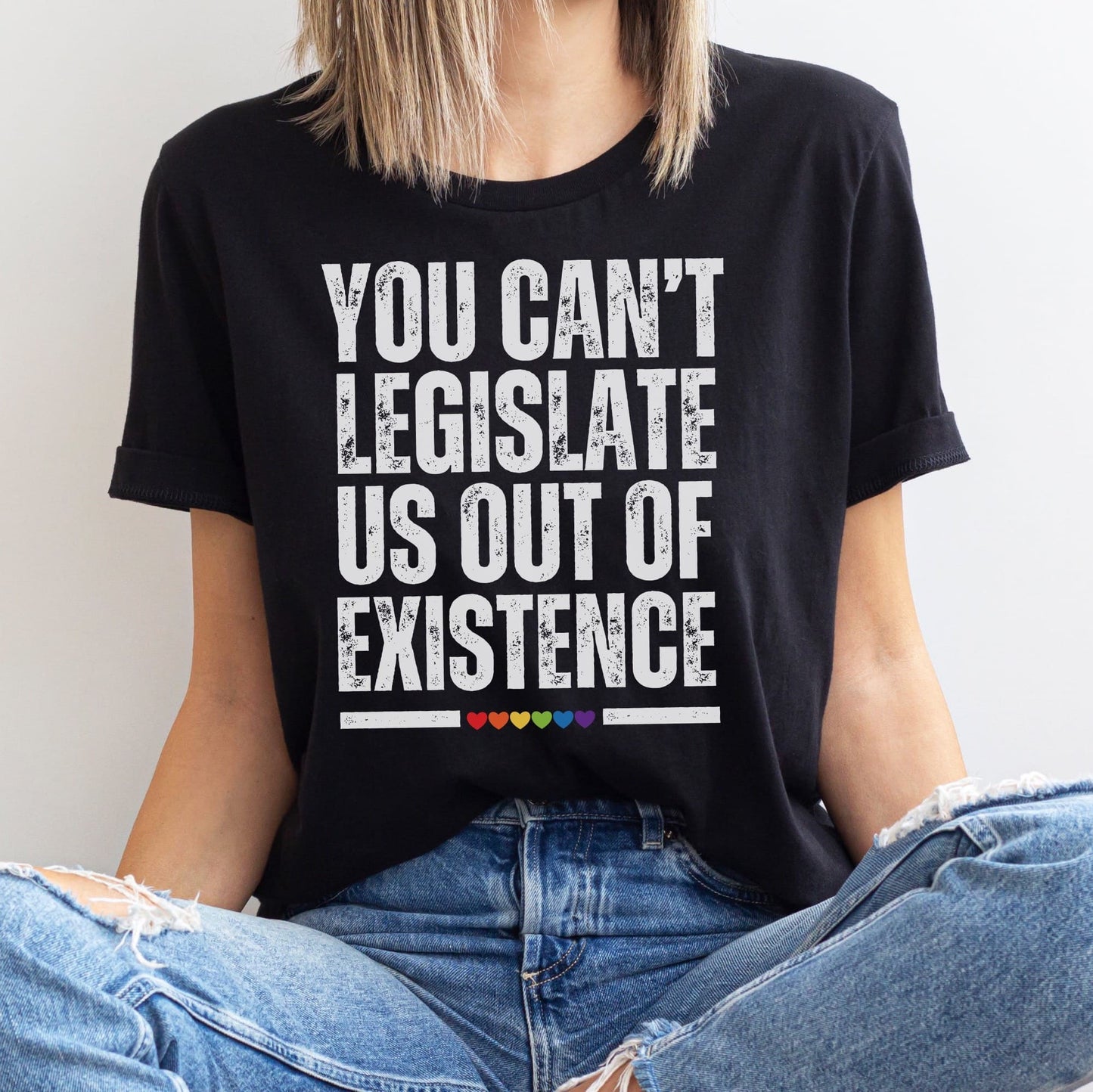 Person wearing a black t-shirt with a white text message and colorful hearts: LGBTQ Rights Shirt, LGBT Resist Tee, Anti Trump Anti Elon T-Shirt, Equality TShirt, Pride Activist Apparel, Social Justice Gift For Queer