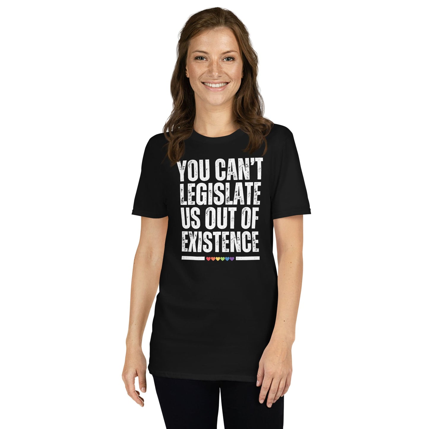 Person wearing a black t-shirt with a white text message on a white background: LGBTQ Rights Shirt, LGBT Resist Tee, Anti Trump Anti Elon T-Shirt, Equality TShirt, Pride Activist Apparel, Social Justice Gift For Queer
