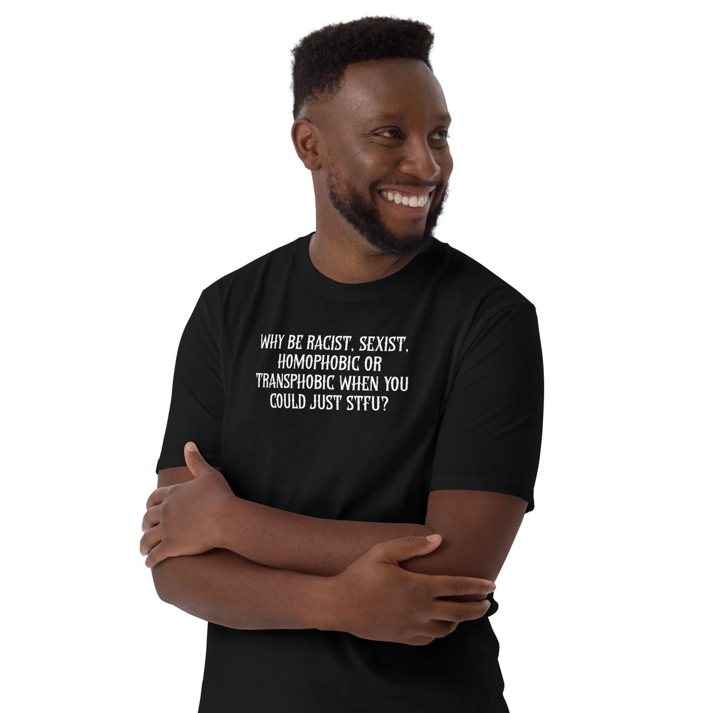Man wearing a black t-shirt with a white text message on a white background: LGBTQ Rights Shirt, Anti-Racism Equality Tee, Feminist Protest Top, Inclusive Pride T-Shirt, Human Rights Activist Shirt, Anti-Trump Gift