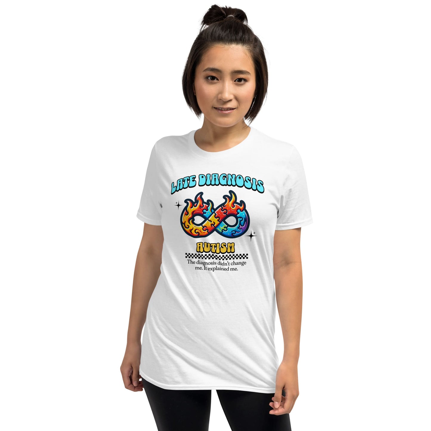 Person wearing a white t-shirt with colorful graphic design on a white background: Late Diagnosis Autism Shirt, Neurodiversity In Adult Tee, Neurodivergent T-Shirt, AuDHD Neurospicy Brain, Mental Health Gift For Therapist