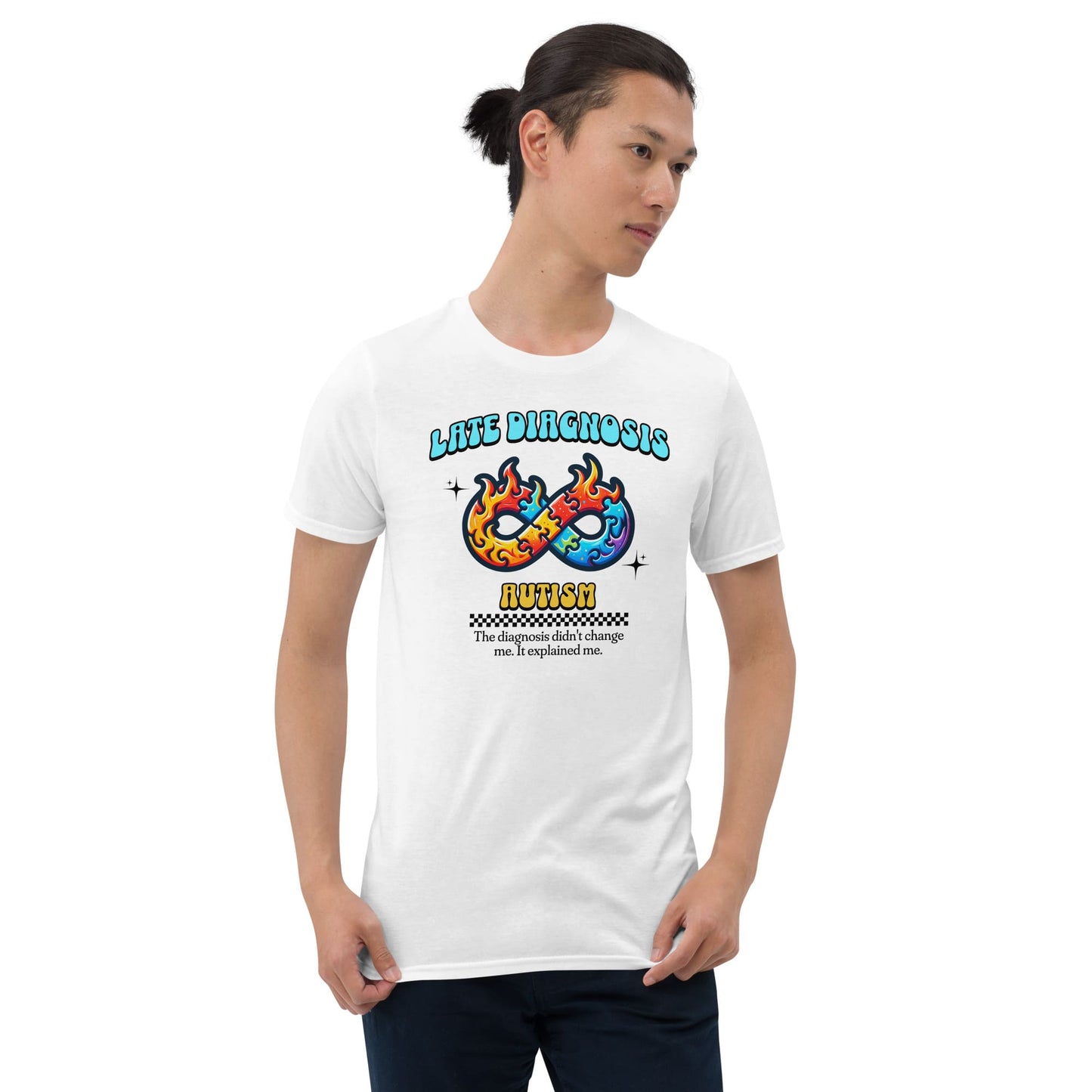 Man wearing a white t-shirt with colorful graphic design on a white background: Late Diagnosis Autism Shirt, Neurodiversity In Adult Tee, Neurodivergent T-Shirt, AuDHD Neurospicy Brain, Mental Health Gift For Therapist